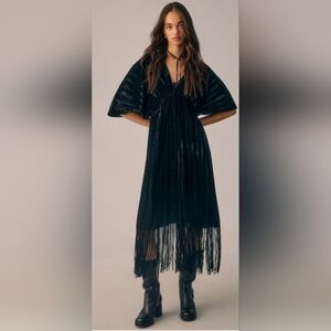 NWT Anthropologie Short-Sleeve Fringe Pleated Velvet Cardigan TOP Black